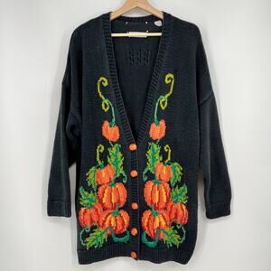 Vintage Hand Knit Halloween Harvest Cardigan Sweater Women L / XL Pumpkin Button